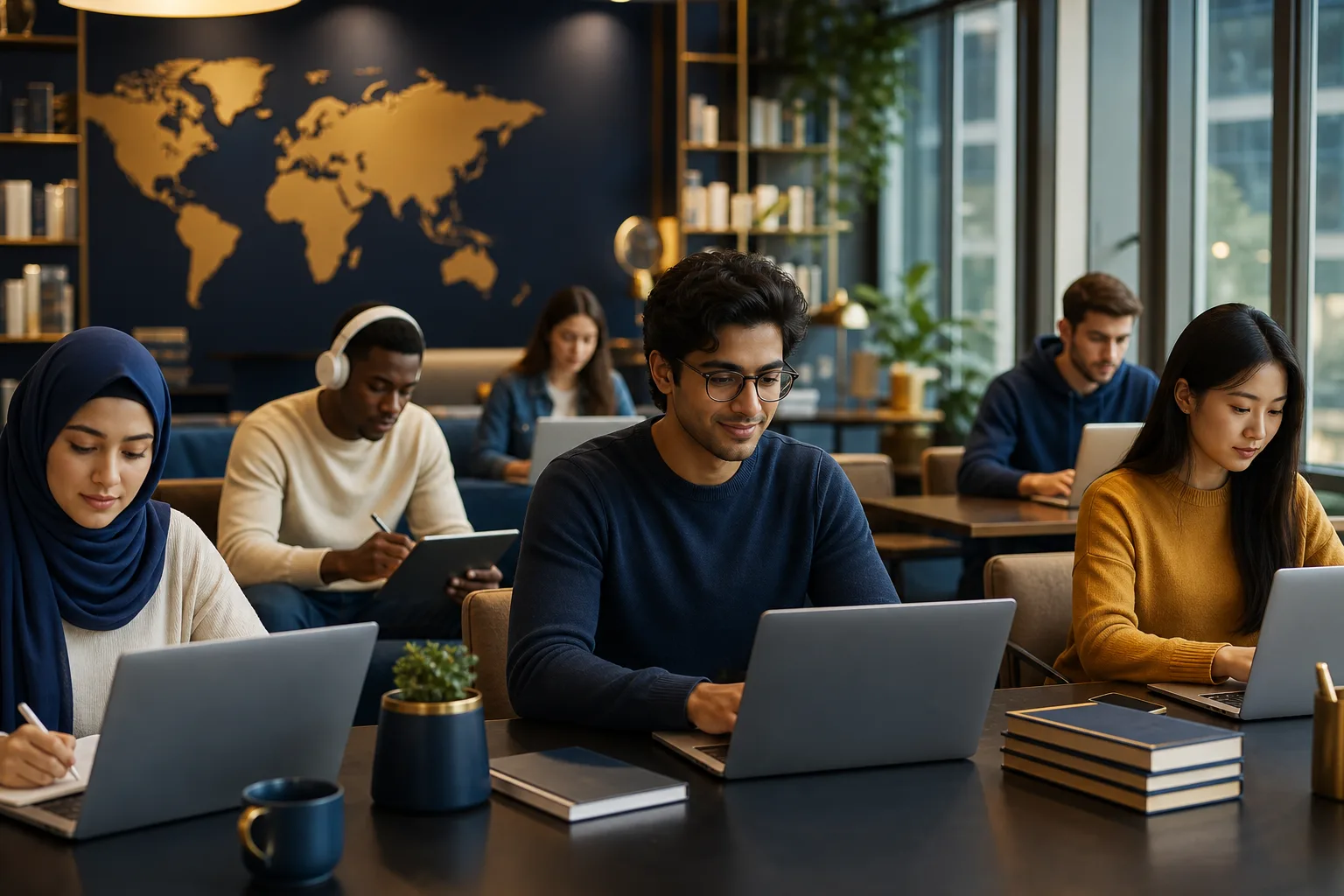 Mentor with students in a modern office